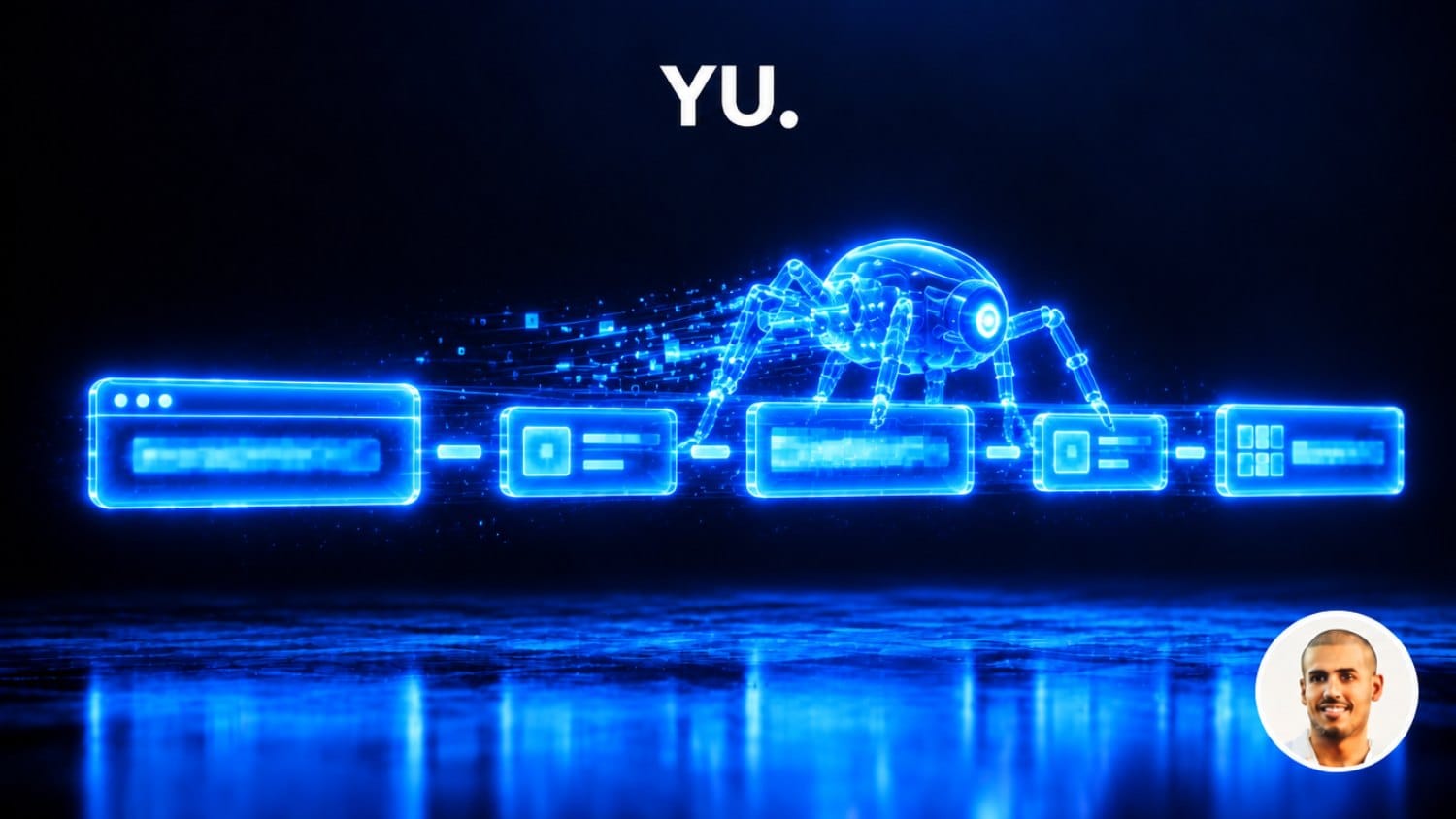 Barre d'adresse holographique dont les segments sont reliés par des tirets lumineux, parcourue par un robot d'exploration
