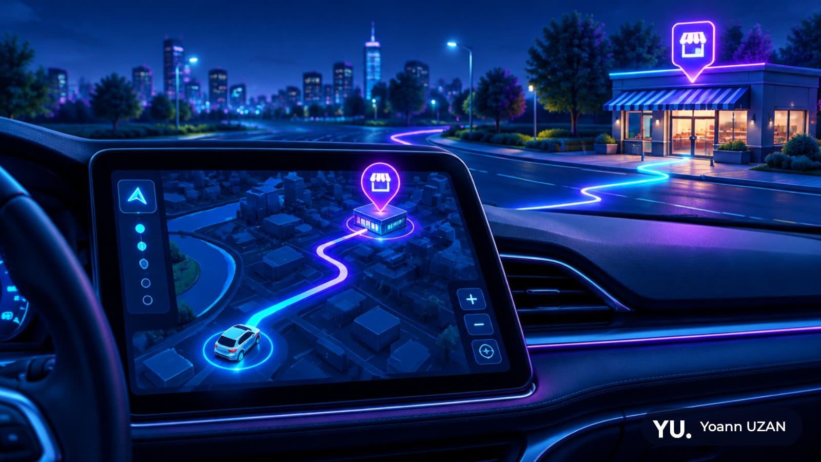 Illustration d'un repère sponsorisé sur un itinéraire de navigation, Waze Ads en France via Performance Max