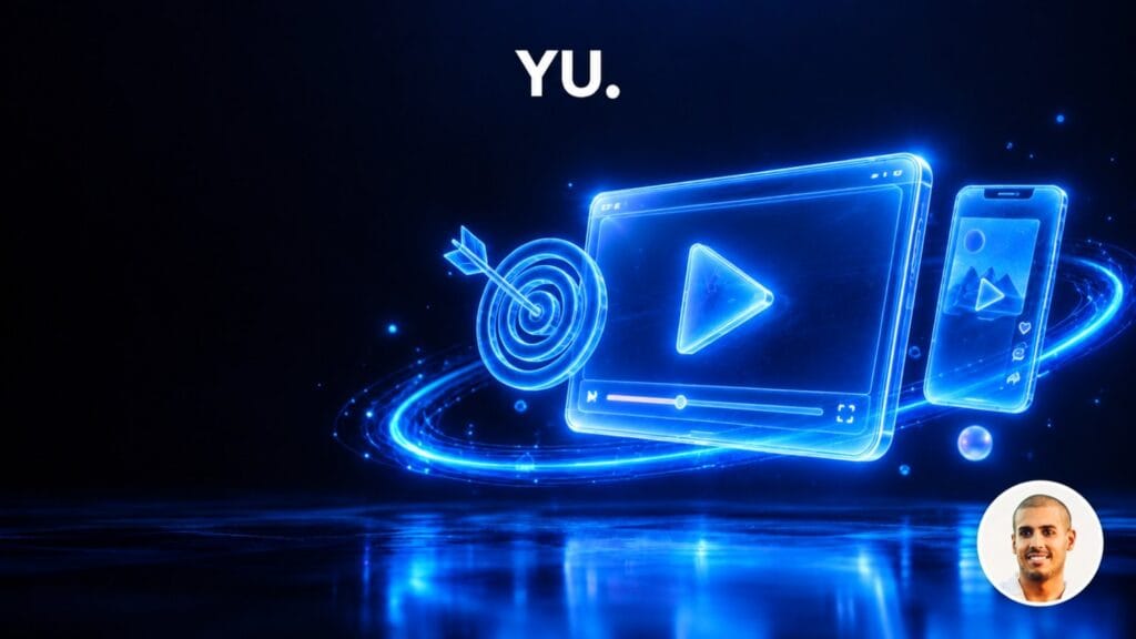 Lecteur vidéo holographique avec bouton lecture, cible et smartphone vertical, illustrant le guide YouTube Ads