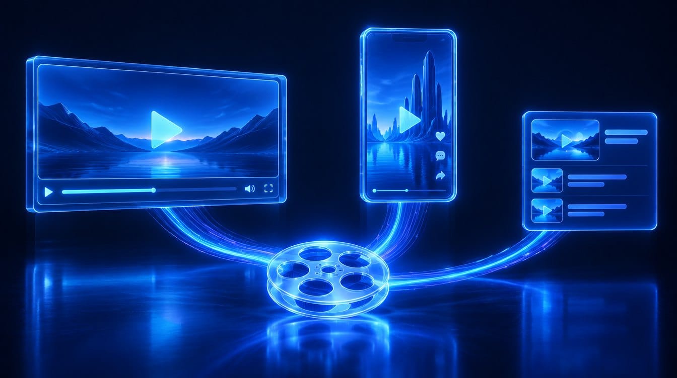 Écrans vidéo lumineux illustrant les formats YouTube Ads : InStream, Shorts verticaux et In-Feed