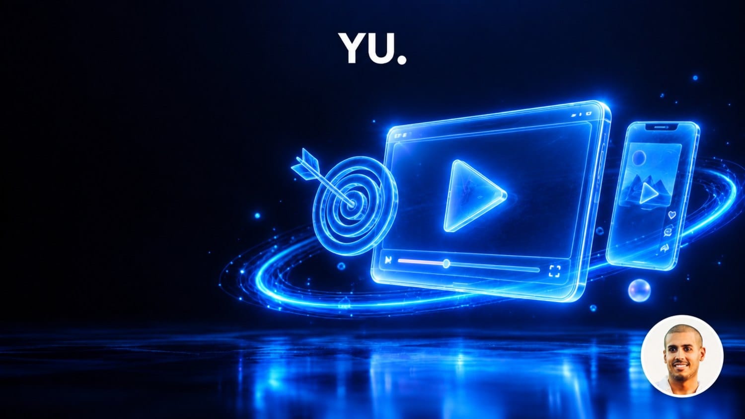 Lecteur vidéo holographique avec bouton lecture, cible et smartphone vertical, illustrant le guide YouTube Ads